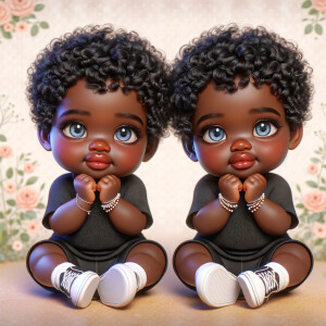 Imagine a pair of adorable, 3D animated african-American, infant twins with radiant blue eyes and curly black hair, posed with their chubby cheeks resting in their hands. They're dressed in simple yet stylish black onesies. Delicate jewelry adorns their wrists. They're seated comfortably with white sneakers on their feet. The background is a soft pastel floral pattern, creating an atmosphere of innocence and charm, without any text present in the image.