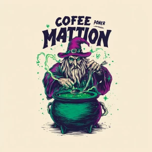 Flat vector illustration of a hand-drawn wizard-like figure brew...