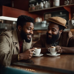 Give me 2 African American men with short beards sitting in a ca...