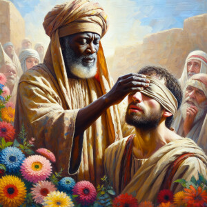 An oil painting depicting a biblical scene where Jesus, a Africa...