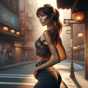 Athletic Thin skinny Attractive, Asian teenage girl, long brown hair and bangs, wearing tight skinny jeans and a halter top paint marks on her clothing, heroic pose Asian graffiti background, backside view