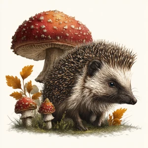 Detailed hedgehog with textured mushroom, classic illustration s...