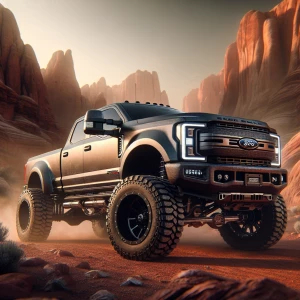 A Ford F350 Super Duty dually, aggressively lifted sky-high, dwa...