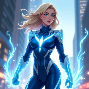 A female Godspeed character, with a streamlined blue and silver...