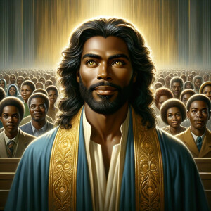 Illustrate an inspiring African-American Jesus crust with a dign...