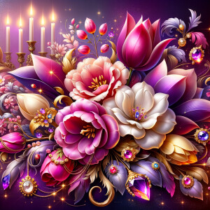 Create a vibrant digital artwork depicting a lush bouquet of sty...