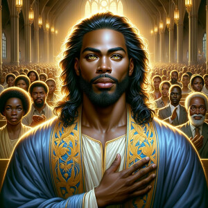 Illustrate an inspiring African-American Jesus crust with a dign...