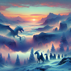 Generate a realistic image depicting mythical creatures during s...