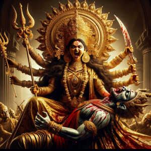 portrait of angry looking goddess durga, sitting on a gold crown and carrying a weak mahishasur on her lap and stabbing him with her amazingly designed trident. She is wearing gold armor, a huge gold crown, red saree, abundant gold jewelry, covered in blood. The scene is set in ancient India. The image is 8K resolution, cinematic, ultra detailed face and epic.