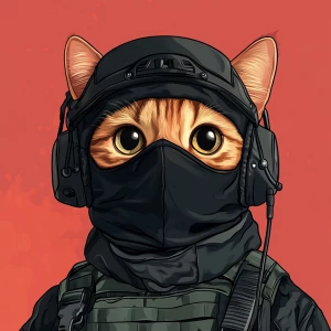 A wide-eyed ginger cat wearing a black tactical balaclava (or ma...