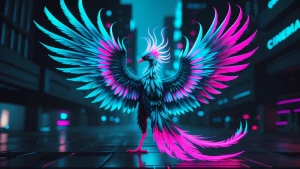 A mesmerizing neon-noir phoenix, its feathers shimmering with vi...
