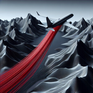 A plane soaring through the black and grey mountains, leaving be...