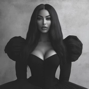 Waist length body of Kim Kardashian at avant-garde angles, broad...