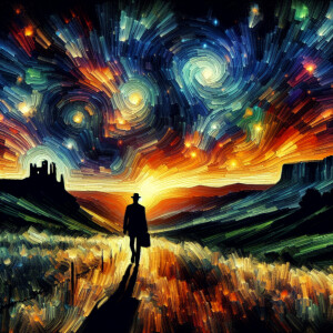 Silhouetted of a man against an array of dynamic, walking down t...