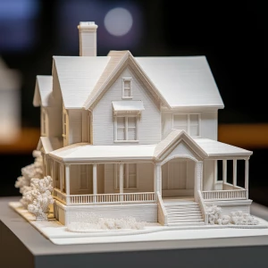 3D printed scale model of a house being displayed as art