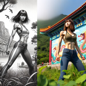 Athletic Thin skinny Attractive, Asian teenage girl, long brown hair and bangs, wearing tight skinny jeans and a halter top paint marks on her clothing, heroic pose Asian graffiti background, side view