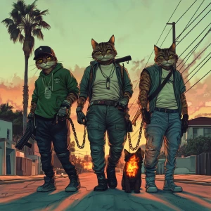 Three humanoid cats standing on a suburban street. The cat on th...
