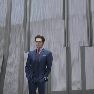 Mans suit made with fabric print that looks like windows