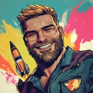 White muscular thin man with beard, big chin, smile and cheekbon...