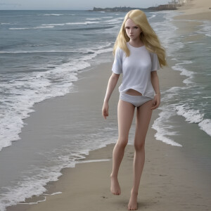 Beautiful blond woman 23 years old wearing white blank tshirt wa...