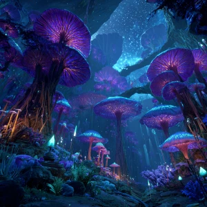 A wide cinematic view of a colossal bioluminescent alien forest...