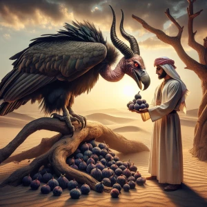 A detailed scene depicting a person sharing figs with a demonically-styled vulture.