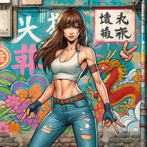 Attractive, Asian teenage girl, long brown hair and bangs, wearing tight skinny jeans and a halter top paint marks on her clothing, backside view heroic pose Asian graffiti