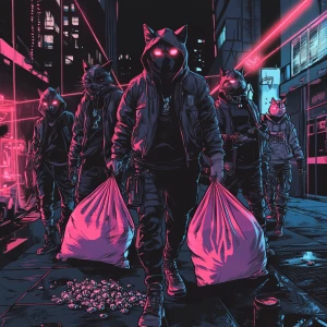 A gang of armed street cats in masks and streetwear breaking int...