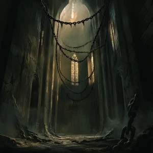 ancient dark cathedral spellbound in chains as a prison