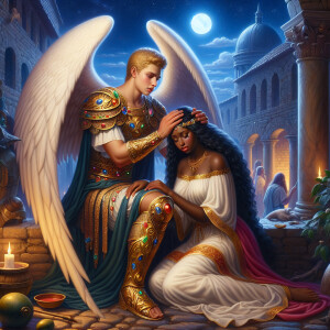 Create an oil painting image featuring a male angel and a grievi...