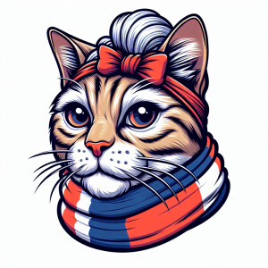 A cartoon of a mature cat gazing into the camera while sporting...
