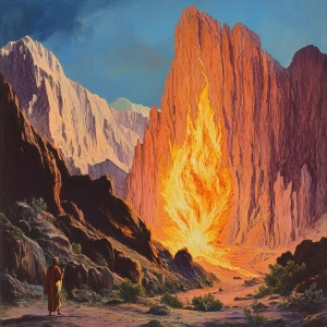 Illustrate the biblical scene where Moses encounters the burning...