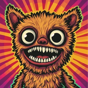 Stylized character portrait of a mischievous designer toy creat...