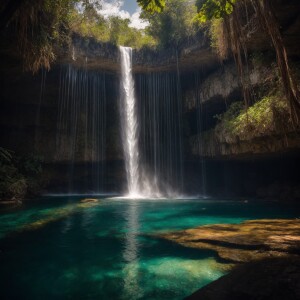 Beautiful waterfall in a cenote, light rays, god rays, deep shad...