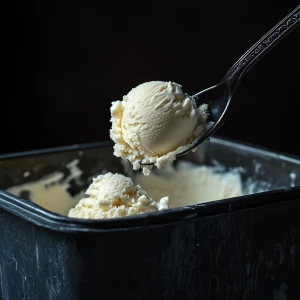 Discarding a scoop of vanilla ice cream into a garbage bin.
