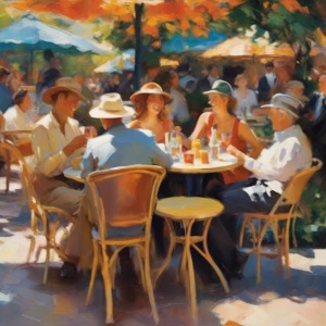 A lively outdoor café scene with groups of people talking and laughing, their forms suggested by loose, energetic strokes of warm and cool hues blending together.