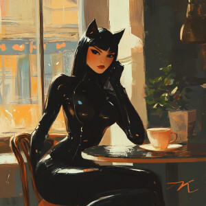 Female, catsuit, in cafe. Art by atey ghailan.