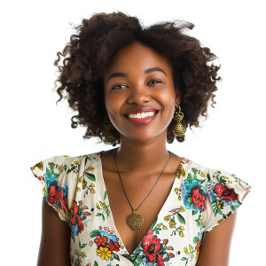 A cute woman

Smiling 

Clothes: Floral Dress

Looks Clean & Mod...