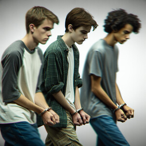 Three male Caucasian teenagers walk. All their hands behind thei...