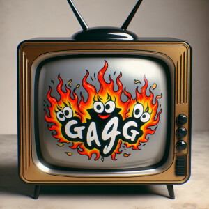 Tube TV with the word “GAG” on the screen on fire cartoon logo