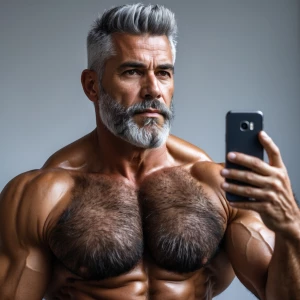 The image shows a middle-aged man with a muscular, hairy physiqu...
