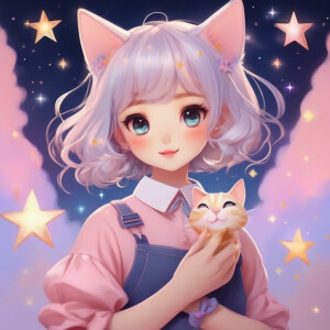 Cute Cat Girl playing with stars