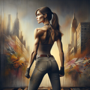 Athletic Thin skinny Attractive, Asian teenage girl, long brown hair and bangs, wearing tight skinny jeans and a halter top paint marks on her clothing, heroic pose Asian graffiti background, backside view