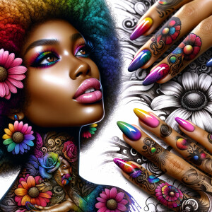 African American woman tan skin tone with wavy rainbow Afro coils, flower tattoos, full lips, rainbow nails, pink lips, round eye rainbow shades, ink wash art, colorful graffiti background contrast colors   intricate details alcohol ink