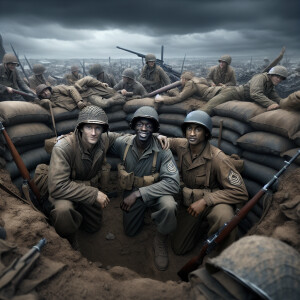 Digital matte painting, wide angle 3 world war two soldiers sitt...