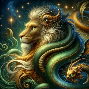 In a mystical, ethereal forest, a majestic chimera with elements...