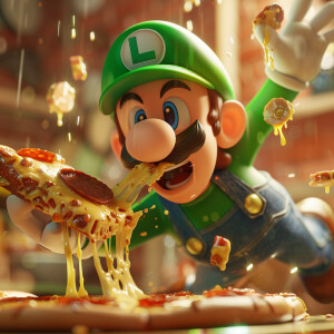 generate a 3D realistic image of Luigi battling with a vary chee...