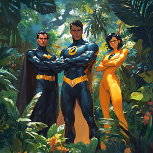 Three superheroes in a lush botanical garden: Captain Valor in a...
