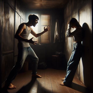 “A tense scene of a teenage couple in a heated argument inside a small, dimly lit room. The confined space intensifies the conflict. The teenage male stands aggressively, his face contorted in anger as he gestures wildly, mid-verbal outburst. His frustration dominates the space, while the teenage female has her back to him, creating a stark emotional and physical divide. Her shoulders are slumped, hands covering her face, partially hiding her tears, symbolizing deep sadness. Dramatic lighting casts harsh shadows, emphasizing the pain and distance between them. The atmosphere is thick with raw emotion, capturing the turmoil of a strained relationship and the impact of hurtful words.”