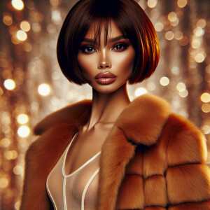 brown in complexion model, red bob  caramel chinchilla coat - wh...